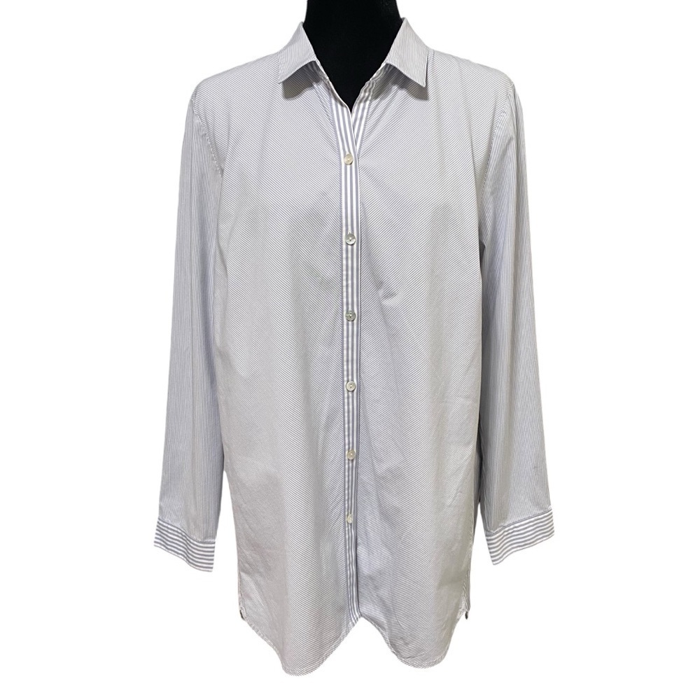 J Jill Blue Haze White Stripe Button Front Tunic Shirt Top Large Nautical